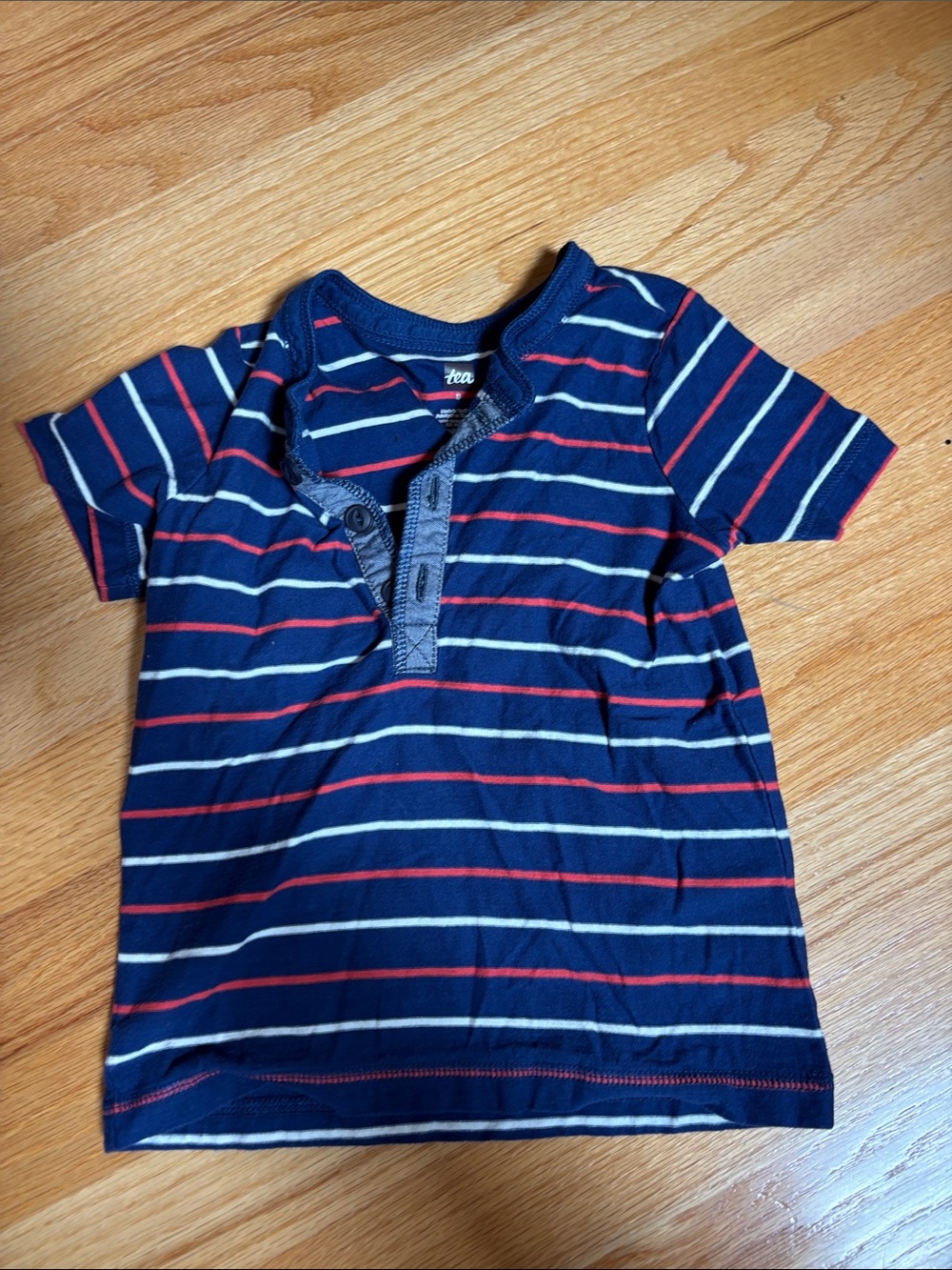 Tea Collection Navy Blue Striped Henley Tee with Red and White Accents